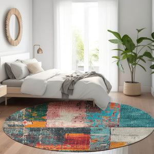 HomeRoots 5' Teal Blue and Orange Abstract Area Rug – Vibrant, Washable, Indoor/Outdoor, Stain-Resistant Design 8' Round 623266