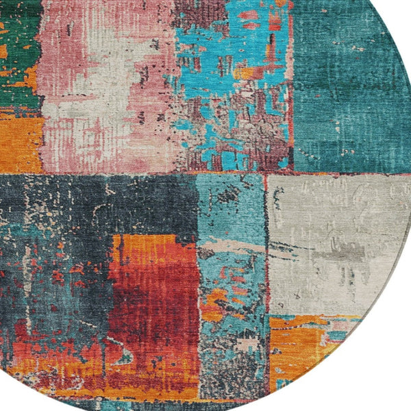 HomeRoots 5' Teal Blue and Orange Abstract Area Rug – Vibrant, Washable, Indoor/Outdoor, Stain-Resistant Design 8' Round 623266