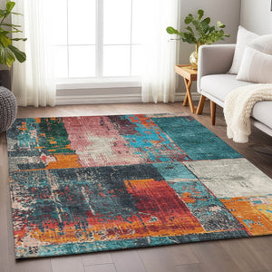 HomeRoots 5' Teal Blue and Orange Abstract Area Rug – Vibrant, Washable, Indoor/Outdoor, Stain-Resistant Design 8' X 10' 623267