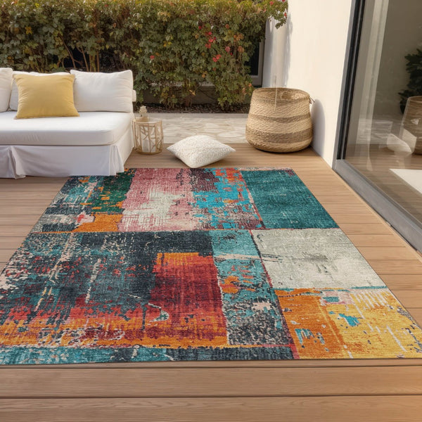 HomeRoots 5' Teal Blue and Orange Abstract Area Rug – Vibrant, Washable, Indoor/Outdoor, Stain-Resistant Design 8' X 10' 623267