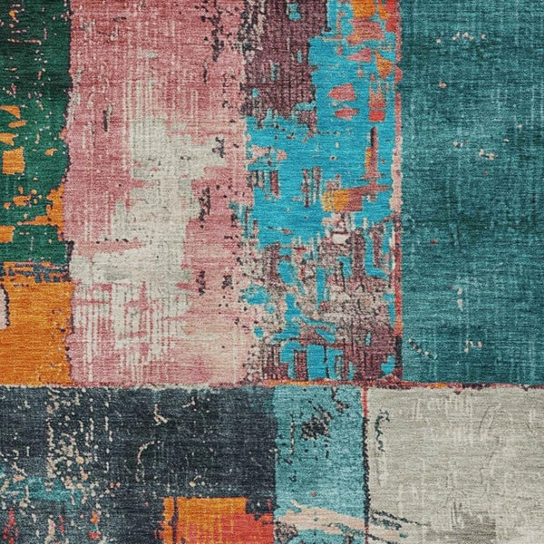 HomeRoots 5' Teal Blue and Orange Abstract Area Rug – Vibrant, Washable, Indoor/Outdoor, Stain-Resistant Design 9' X 12' 623268