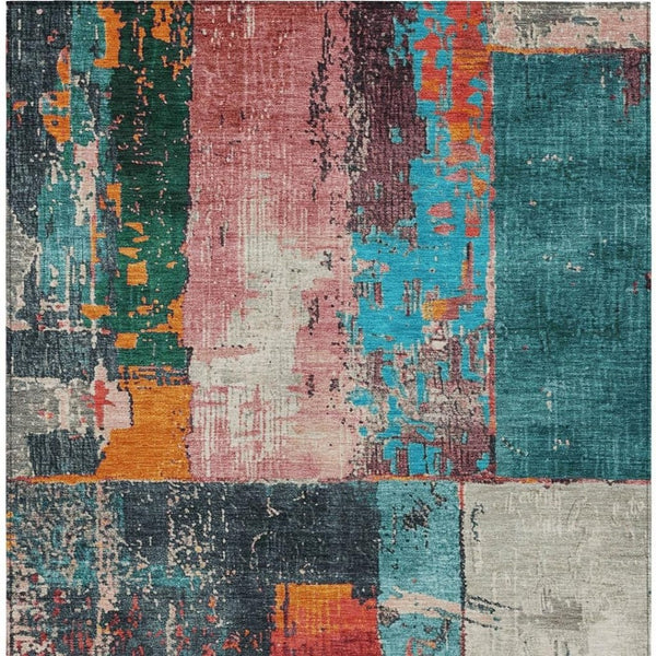 HomeRoots 5' Teal Blue and Orange Abstract Area Rug – Vibrant, Washable, Indoor/Outdoor, Stain-Resistant Design 9' X 12' 623268