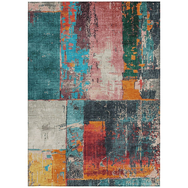 HomeRoots 5' Teal Blue and Orange Abstract Area Rug – Vibrant, Washable, Indoor/Outdoor, Stain-Resistant Design 10' X 14' 623269