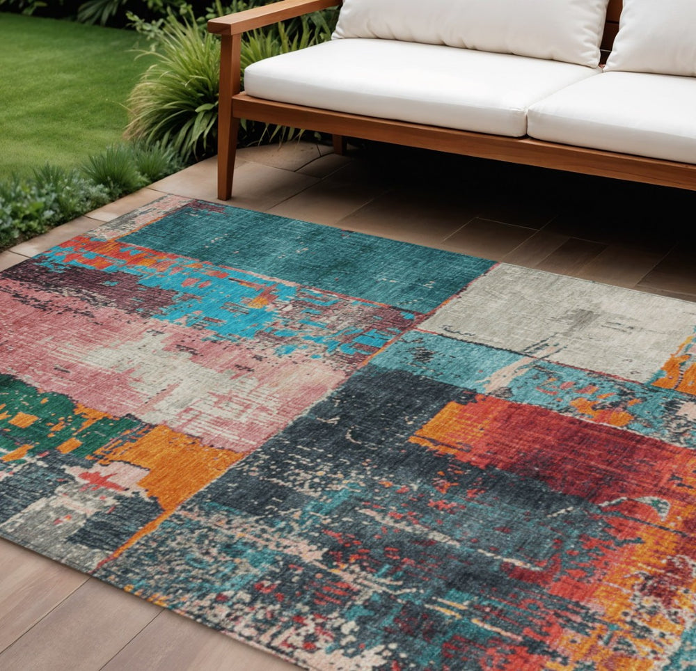 HomeRoots 5' Teal Blue and Orange Abstract Area Rug – Vibrant, Washable, Indoor/Outdoor, Stain-Resistant Design 10' X 14' 623269