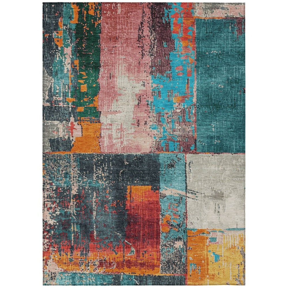 HomeRoots 5' Teal Blue and Orange Abstract Area Rug – Vibrant, Washable, Indoor/Outdoor, Stain-Resistant Design 10' X 14' 623269