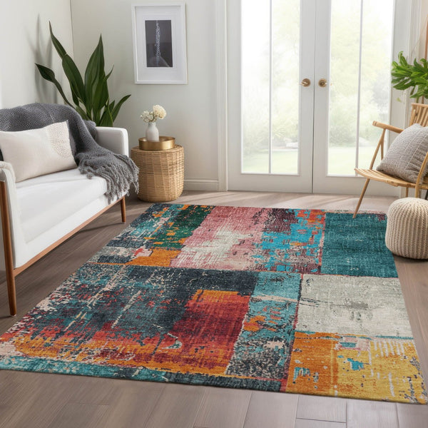 HomeRoots 5' Teal Blue and Orange Abstract Area Rug – Vibrant, Washable, Indoor/Outdoor, Stain-Resistant Design 10' X 14' 623269