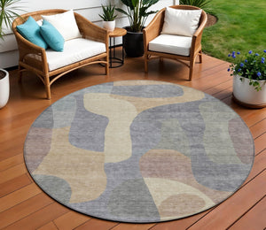 HomeRoots 5' Gray and Gold Abstract Area Rug – Stylish, Washable, Indoor-Outdoor Design for Modern Spaces 8' Round 623290