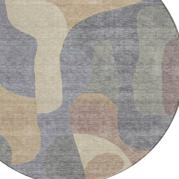 HomeRoots 5' Gray and Gold Abstract Area Rug – Stylish, Washable, Indoor-Outdoor Design for Modern Spaces 8' Round 623290