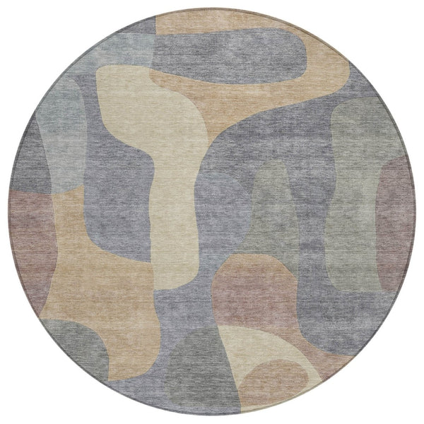 HomeRoots 5' Gray and Gold Abstract Area Rug – Stylish, Washable, Indoor-Outdoor Design for Modern Spaces 8' Round 623290