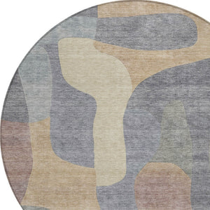 HomeRoots 5' Gray and Gold Abstract Area Rug – Stylish, Washable, Indoor-Outdoor Design for Modern Spaces 8' Round 623290