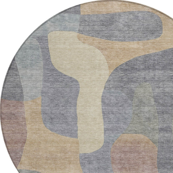 HomeRoots 5' Gray and Gold Abstract Area Rug – Stylish, Washable, Indoor-Outdoor Design for Modern Spaces 8' Round 623290