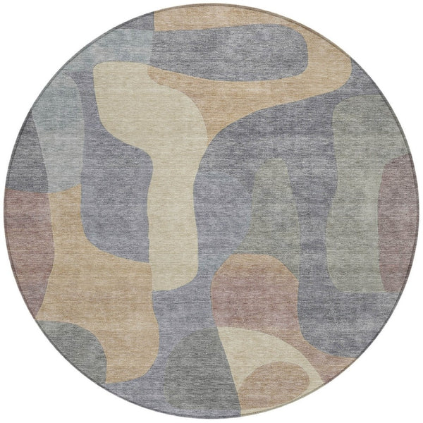 HomeRoots 5' Gray and Gold Abstract Area Rug – Stylish, Washable, Indoor-Outdoor Design for Modern Spaces 8' Round 623290