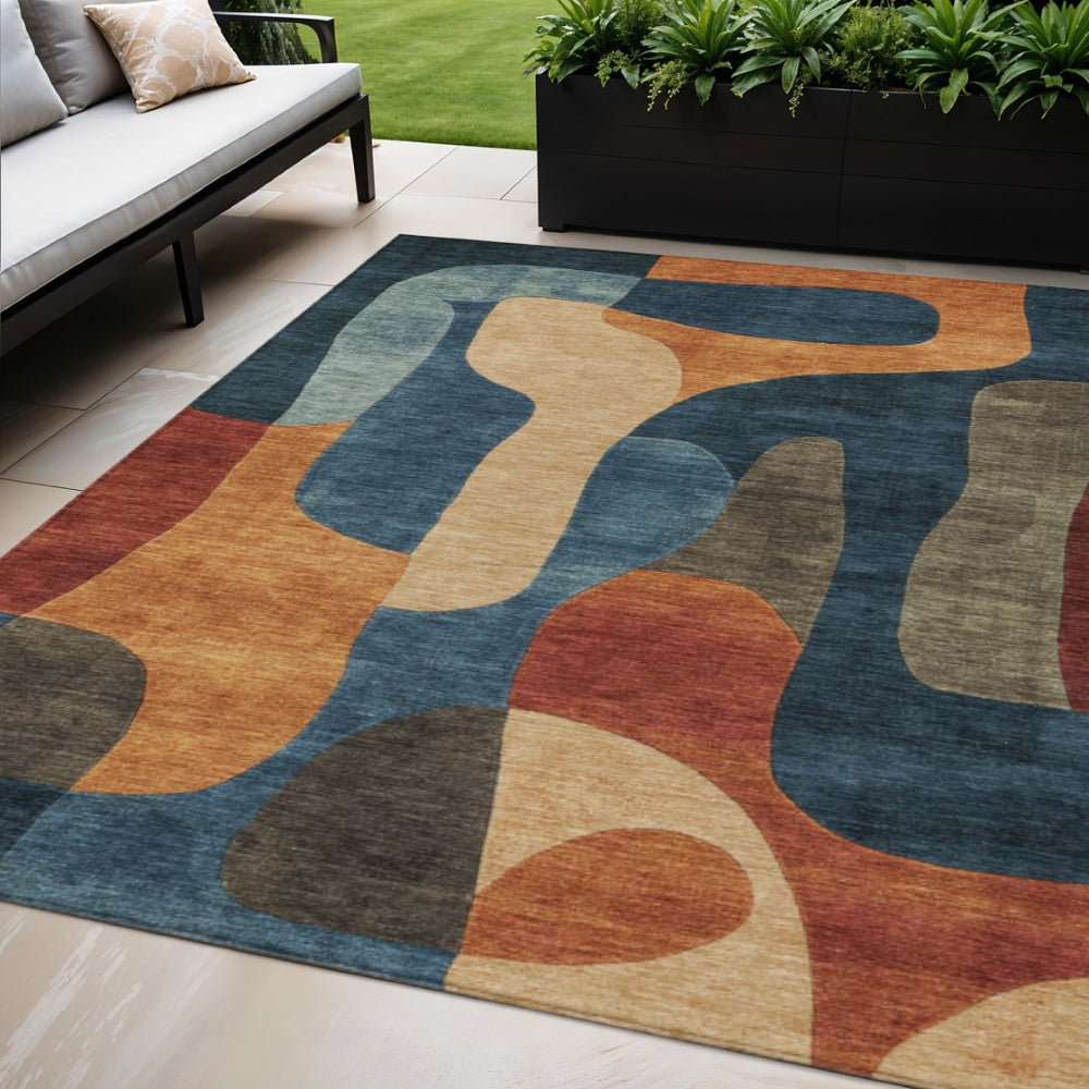 HomeRoots 5' Bold Navy Blue and Orange Abstract Area Rug – Washable, Durable for Indoor and Outdoor Use 5' X 8' 623295