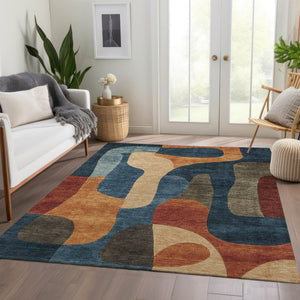 HomeRoots 5' Bold Navy Blue and Orange Abstract Area Rug – Washable, Durable for Indoor and Outdoor Use 5' X 8' 623295