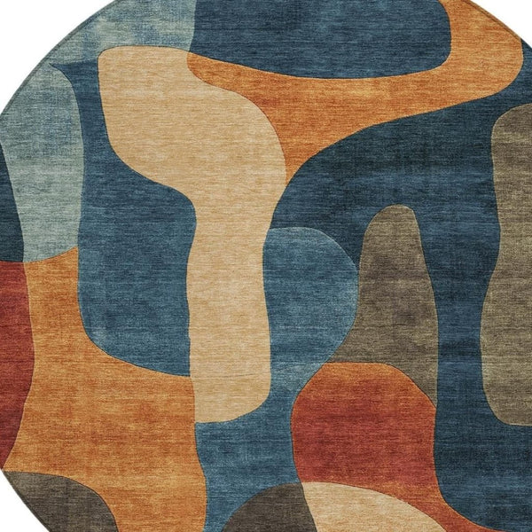 HomeRoots 5' Bold Navy Blue and Orange Abstract Area Rug – Washable, Durable for Indoor and Outdoor Use 8' Round 623296