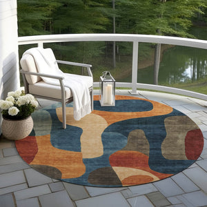 HomeRoots 5' Bold Navy Blue and Orange Abstract Area Rug – Washable, Durable for Indoor and Outdoor Use 8' Round 623296