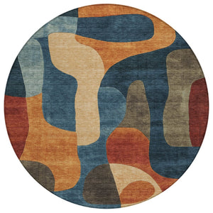 HomeRoots 5' Bold Navy Blue and Orange Abstract Area Rug – Washable, Durable for Indoor and Outdoor Use 8' Round 623296