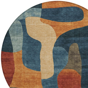 HomeRoots 5' Bold Navy Blue and Orange Abstract Area Rug – Washable, Durable for Indoor and Outdoor Use 8' Round 623296