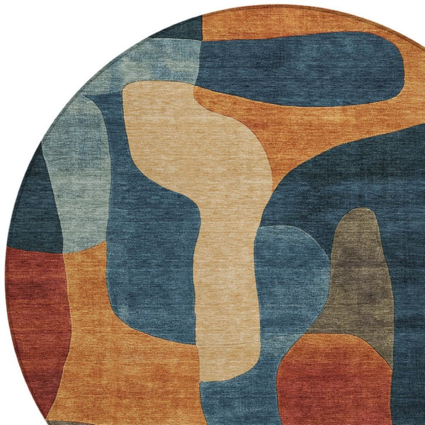HomeRoots 5' Bold Navy Blue and Orange Abstract Area Rug – Washable, Durable for Indoor and Outdoor Use 8' Round 623296
