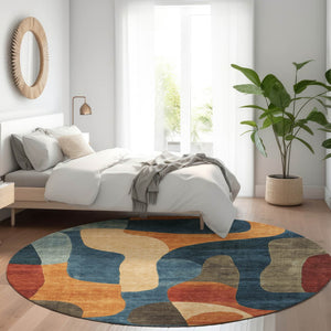 HomeRoots 5' Bold Navy Blue and Orange Abstract Area Rug – Washable, Durable for Indoor and Outdoor Use 8' Round 623296