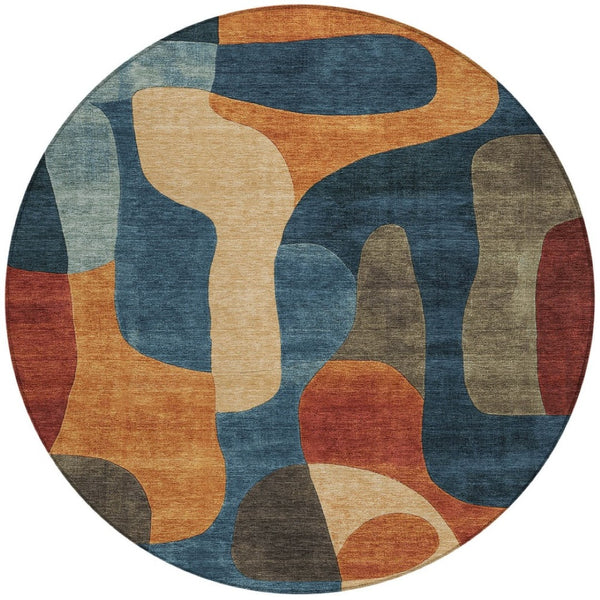 HomeRoots 5' Bold Navy Blue and Orange Abstract Area Rug – Washable, Durable for Indoor and Outdoor Use 8' Round 623296