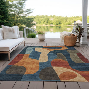HomeRoots 5' Bold Navy Blue and Orange Abstract Area Rug – Washable, Durable for Indoor and Outdoor Use 9' X 12' 623298