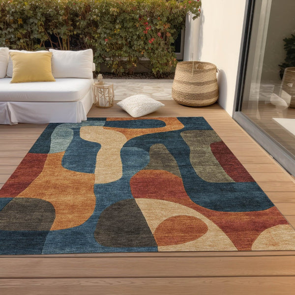 HomeRoots 5' Bold Navy Blue and Orange Abstract Area Rug – Washable, Durable for Indoor and Outdoor Use 9' X 12' 623298