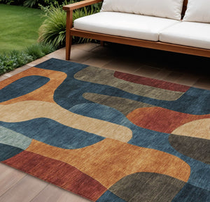 HomeRoots 5' Bold Navy Blue and Orange Abstract Area Rug – Washable, Durable for Indoor and Outdoor Use 10' X 14' 623299