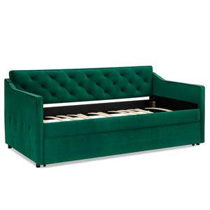 English Elm Twin Linen Tufted Daybed with Pop up Trundle and Usb Port for Guest Rooms Green W1413S00130