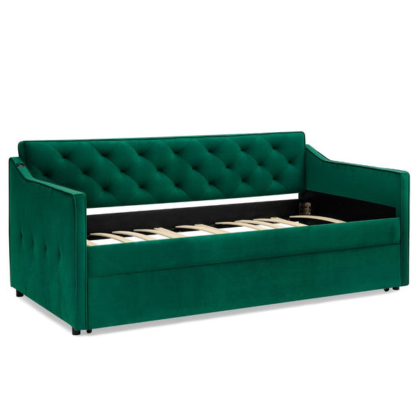 English Elm Twin Linen Tufted Daybed with Pop up Trundle and Usb Port for Guest Rooms Green W1413S00130