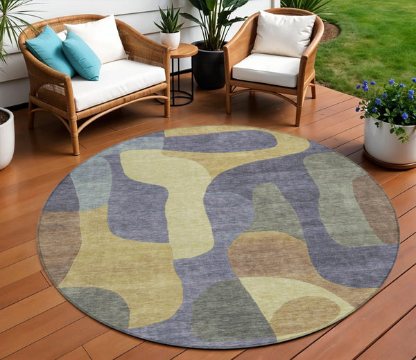 HomeRoots 5' Purple and Gold Abstract Area Rug - Stylish, Washable, Durable for Indoor and Outdoor Spaces 8' Round 623302