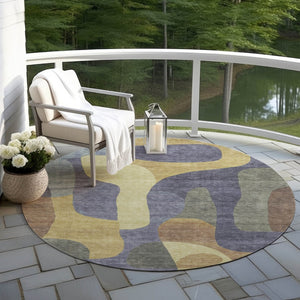 HomeRoots 5' Purple and Gold Abstract Area Rug - Stylish, Washable, Durable for Indoor and Outdoor Spaces 8' Round 623302