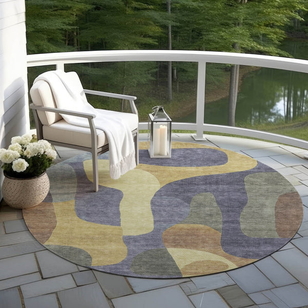 HomeRoots 5' Purple and Gold Abstract Area Rug - Stylish, Washable, Durable for Indoor and Outdoor Spaces 8' Round 623302