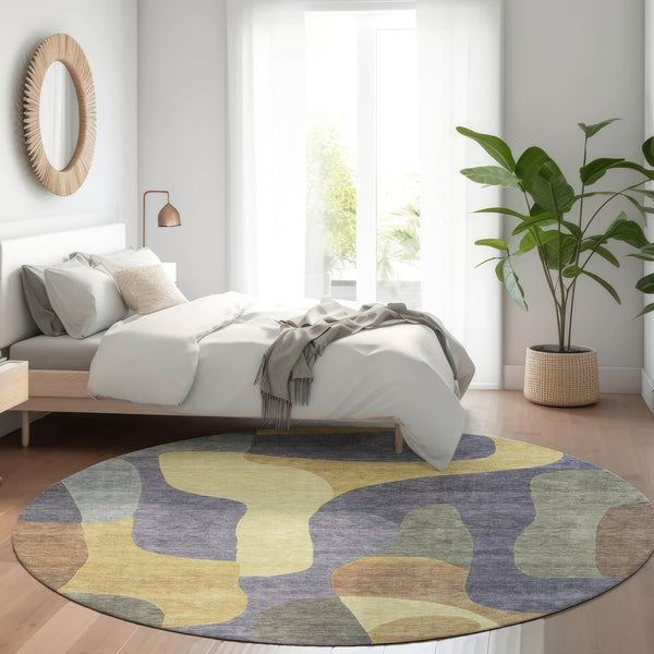 HomeRoots 5' Purple and Gold Abstract Area Rug - Stylish, Washable, Durable for Indoor and Outdoor Spaces 8' Round 623302