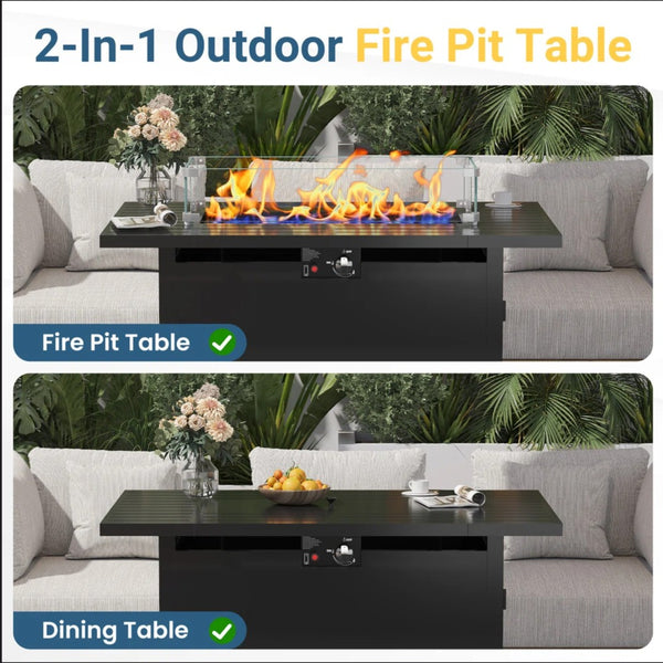 English Elm 43”width Outdoor Rectangular Propane Fire Pit Table with Iron Frame and Glass Shield B082P454964