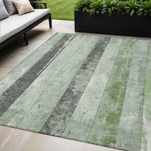 HomeRoots 5' Stylish Artichoke Green & Gray Striped Washable Area Rug for Indoor & Outdoor Versatility 5' X 8' 623313