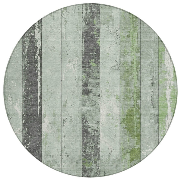 HomeRoots 5' Stylish Artichoke Green & Gray Striped Washable Area Rug for Indoor & Outdoor Versatility 8' Round 623314