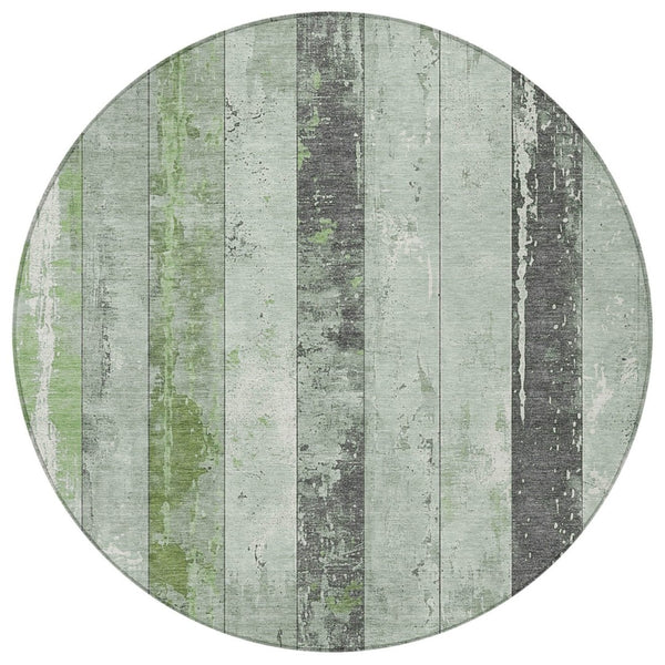 HomeRoots 5' Stylish Artichoke Green & Gray Striped Washable Area Rug for Indoor & Outdoor Versatility 8' Round 623314