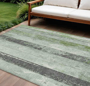 HomeRoots 5' Stylish Artichoke Green & Gray Striped Washable Area Rug for Indoor & Outdoor Versatility 9' X 12' 623316