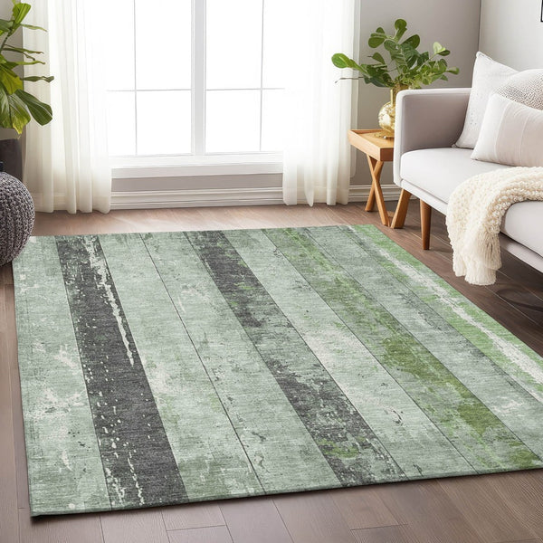 HomeRoots 5' Stylish Artichoke Green & Gray Striped Washable Area Rug for Indoor & Outdoor Versatility 9' X 12' 623316