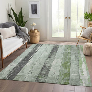 HomeRoots 5' Stylish Artichoke Green & Gray Striped Washable Area Rug for Indoor & Outdoor Versatility 10' X 14' 623317