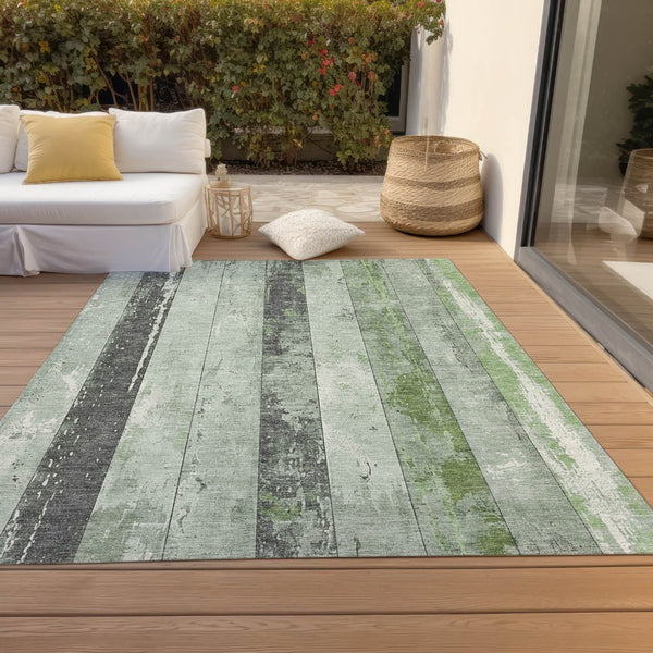 HomeRoots 5' Stylish Artichoke Green & Gray Striped Washable Area Rug for Indoor & Outdoor Versatility 10' X 14' 623317