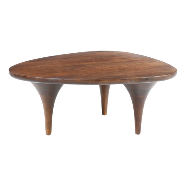 HomeRoots 38" Modern Brown Triangle Pedestal Coffee Table - Solid Wood Design for Living Room & Office Use 623336