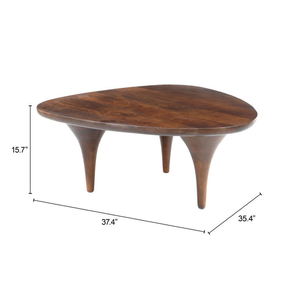 HomeRoots 38" Modern Brown Triangle Pedestal Coffee Table - Solid Wood Design for Living Room & Office Use 623336