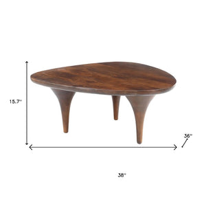HomeRoots 38" Modern Brown Triangle Pedestal Coffee Table - Solid Wood Design for Living Room & Office Use 623336