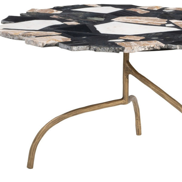 HomeRoots 33" Black Terrazzo Pedestal Coffee Table with Gold Iron Base - Contemporary Free-Form Design Elegance 623337
