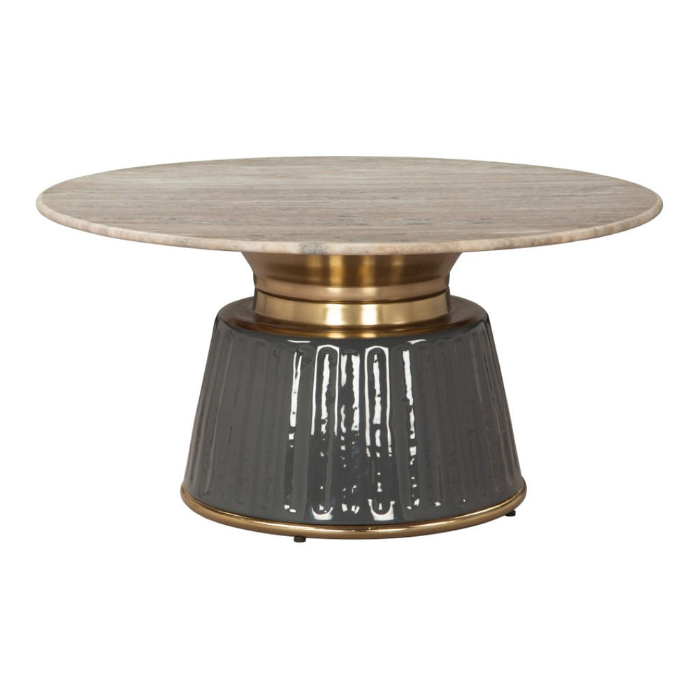 HomeRoots 33" Beige Marble & Black Wood Round Pedestal Coffee Table - Elegant Modern Design for Any Space 623338