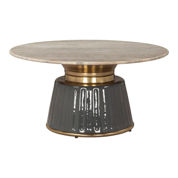 HomeRoots 33" Beige Marble & Black Wood Round Pedestal Coffee Table - Elegant Modern Design for Any Space 623338