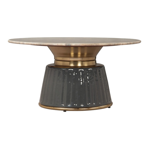 HomeRoots 33" Beige Marble & Black Wood Round Pedestal Coffee Table - Elegant Modern Design for Any Space 623338