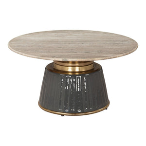 HomeRoots 33" Beige Marble & Black Wood Round Pedestal Coffee Table - Elegant Modern Design for Any Space 623338